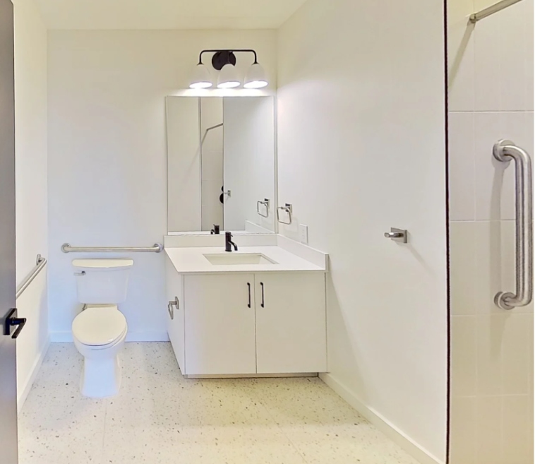 Example of an accessible apartment with grab bars around the toilet and shower.